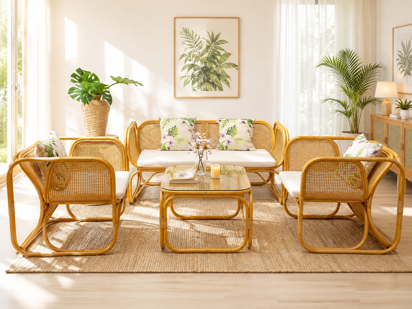 A sunlit living room features the Zorba Sofa Set with white cushions, a wicker rug, tropical plants, and a framed botanical print. A small table holds drinks and a flower vase.