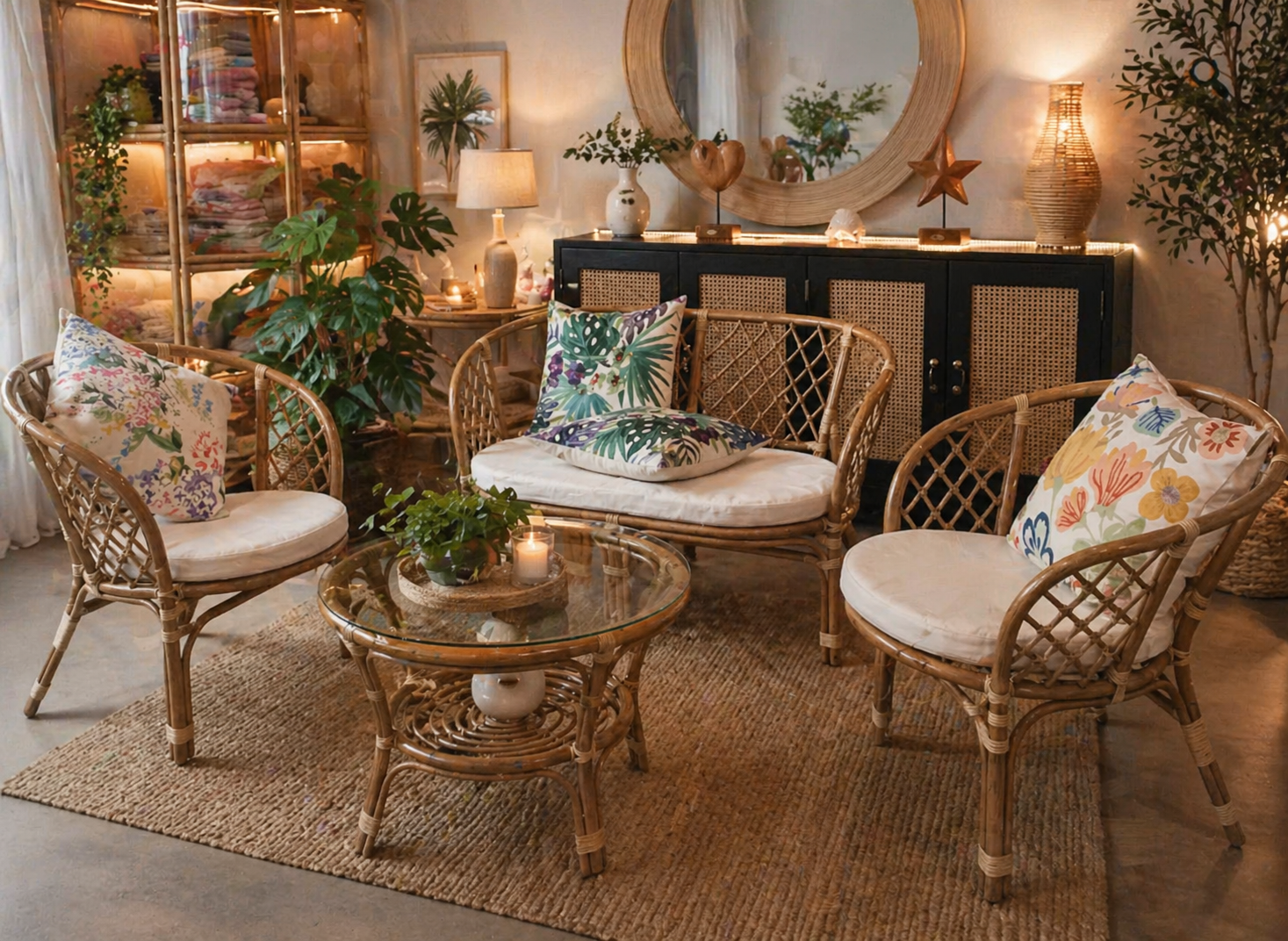 A cozy living room featuring the Bali Rattan Sofa Set (Walnut) with colorful floral cushions, a glass coffee table, lush plants, and warm ambient lighting.