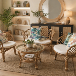A cozy living room featuring the Bali Rattan Sofa Set (Walnut) arranged around a glass coffee table, accented with decorative pillows, plants, a large round mirror, a lamp, and shelves displaying vases and ornaments.