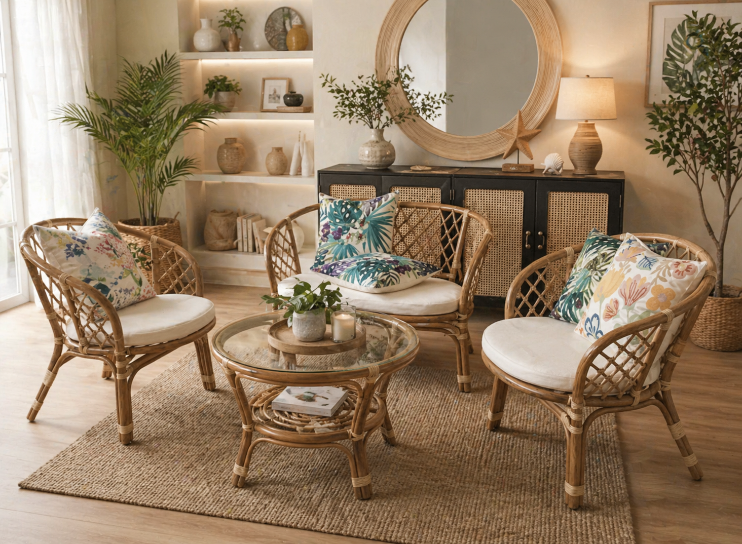 A cozy living room featuring the Bali Rattan Sofa Set (Walnut) arranged around a glass coffee table, accented with decorative pillows, plants, a large round mirror, a lamp, and shelves displaying vases and ornaments.