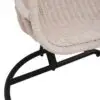 Close-up of a product named "Rattan White Wicker Swing With Seat Cushion," featuring beige wicker and a black metal base.