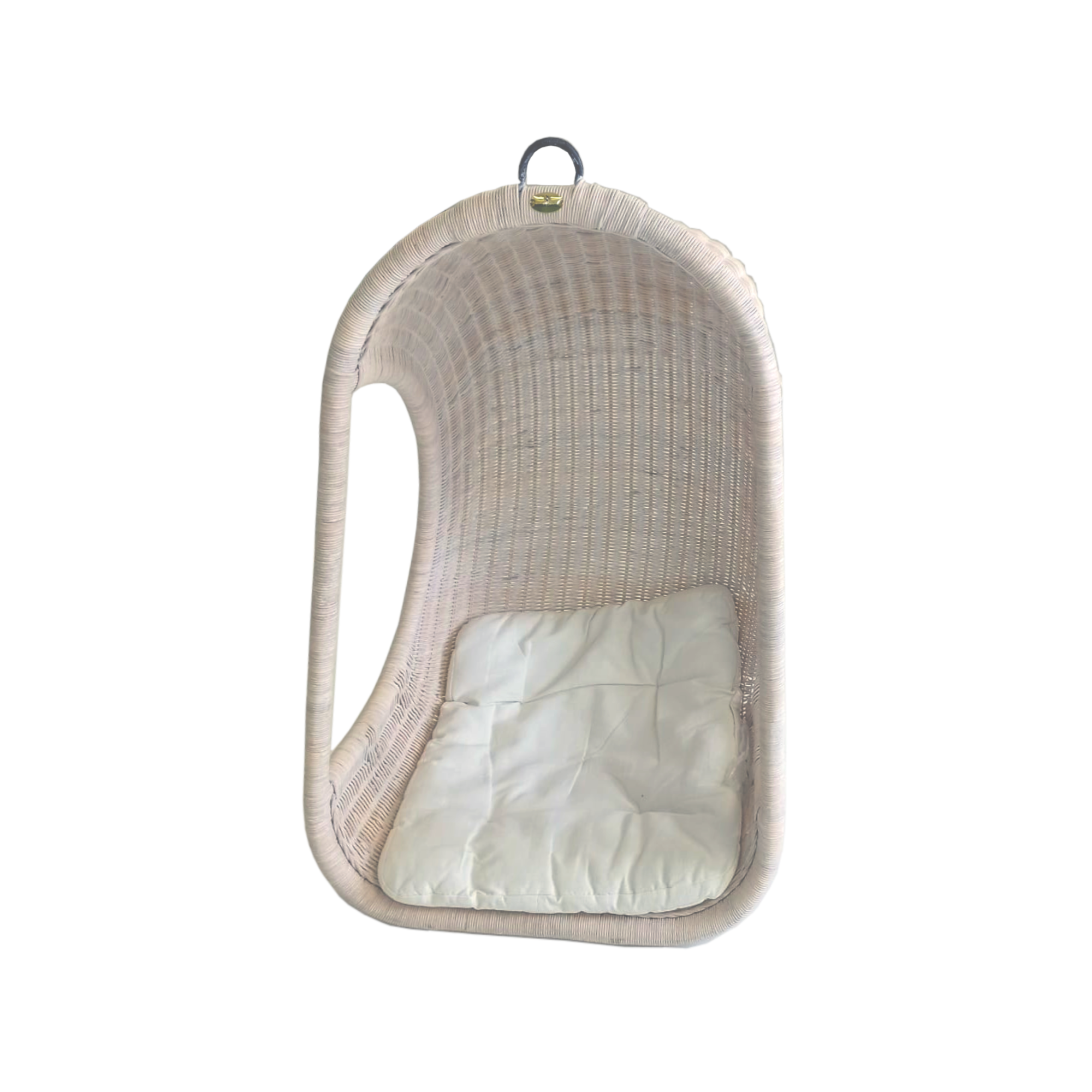 The Rattan White Wicker Swing features a beige rattan design, a white seat cushion, and a metal loop for suspension.