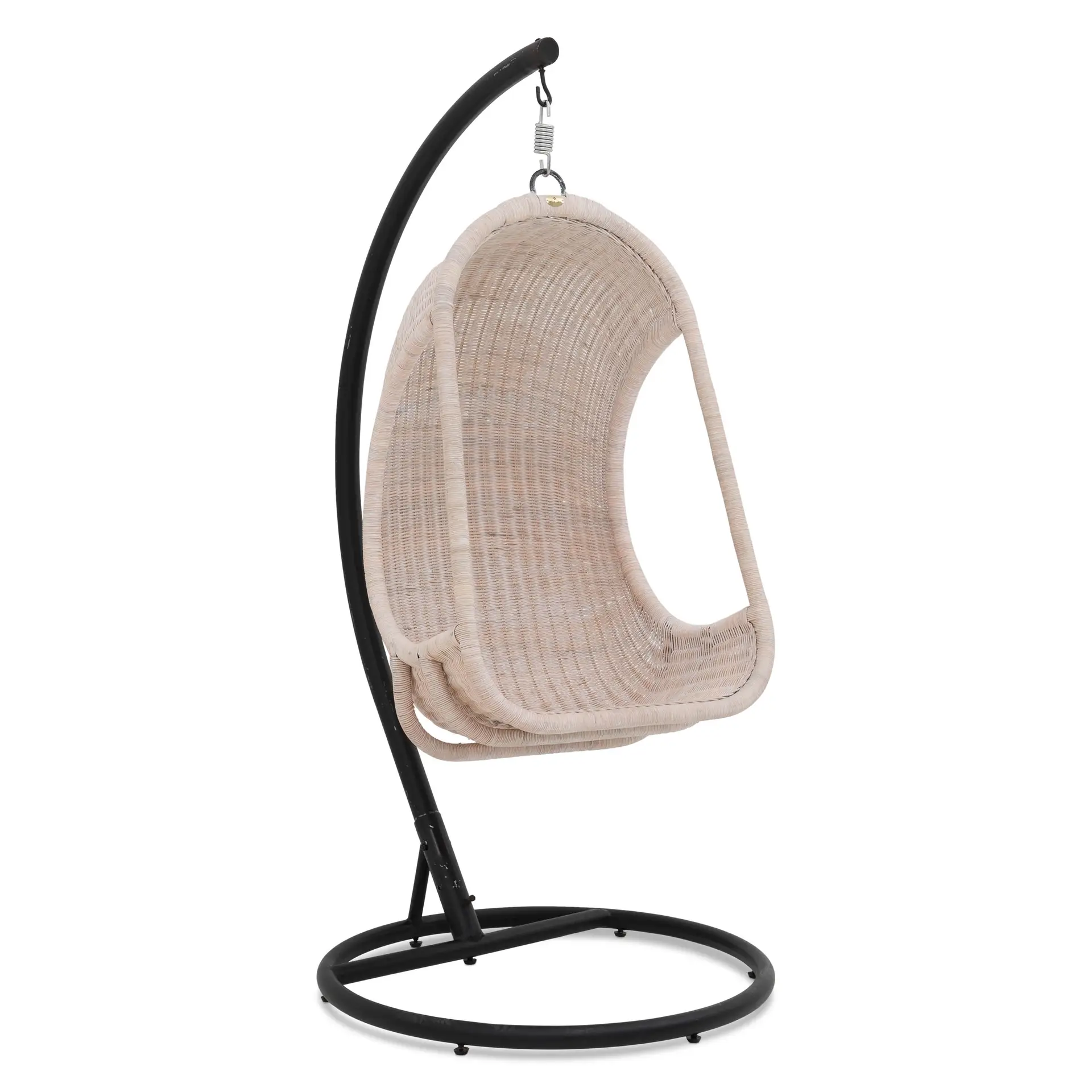 Rattan White Wicker Swing with a cream cushion, suspended from a black metal stand.