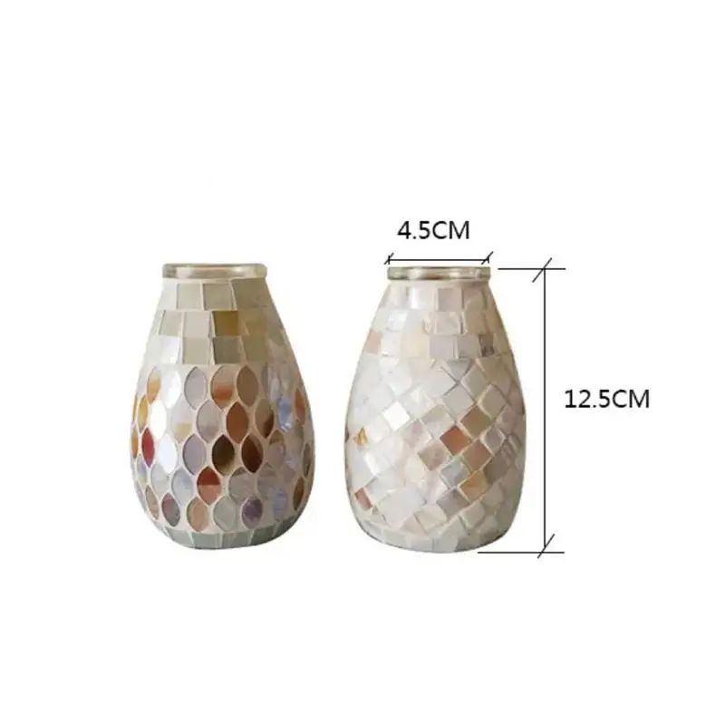 Two Creative Mosaic Glass Vases featuring intricate mosaic tile patterns. The vase on the left showcases a hexagonal design, while the vase on the right displays a square pattern. Each vase stands 12.5 cm tall and has a 4.5 cm opening.