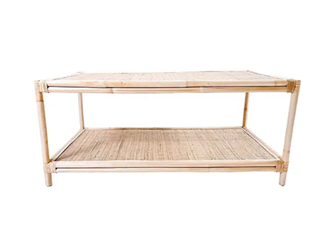 A rectangular bamboo table with two levels, featuring woven surfaces on both tiers.