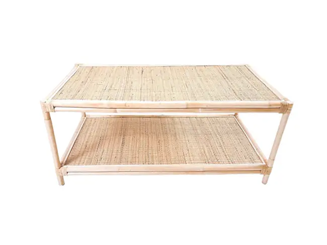 Rectangular bamboo table with a lower shelf, featuring a woven surface.