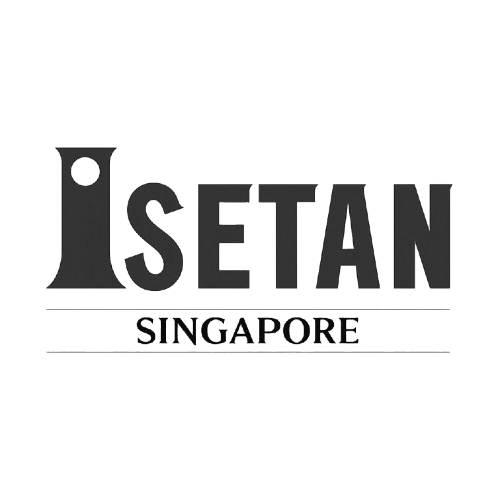 Logo for Isetan Singapore, featuring the word "Isetan" in bold black letters above "Singapore" with horizontal lines above and below the word.